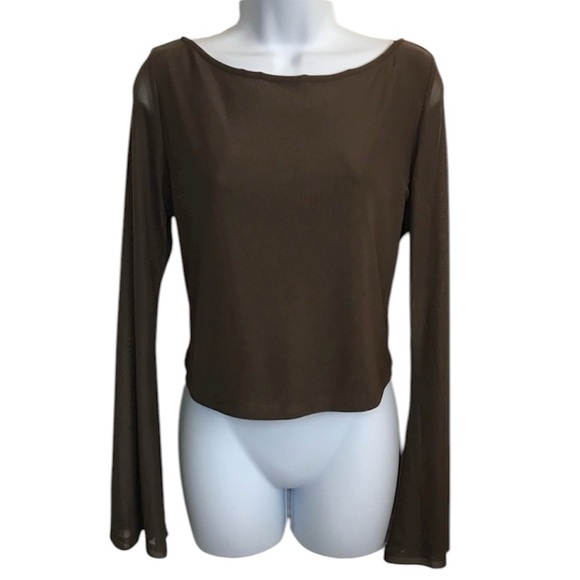 Princess Polly Women’s 10 Chocolate Brown Mesh LS Tie Back Crop Top NWOT - Picture 2 of 16